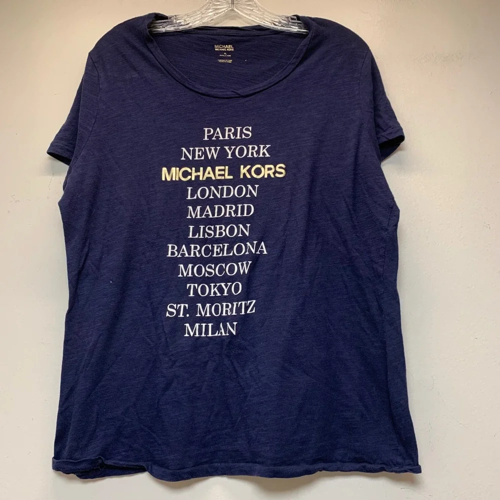 Michael Kors T-Shirt Women XL Navy Blue Excellent City Graphic Slub Knit Tee